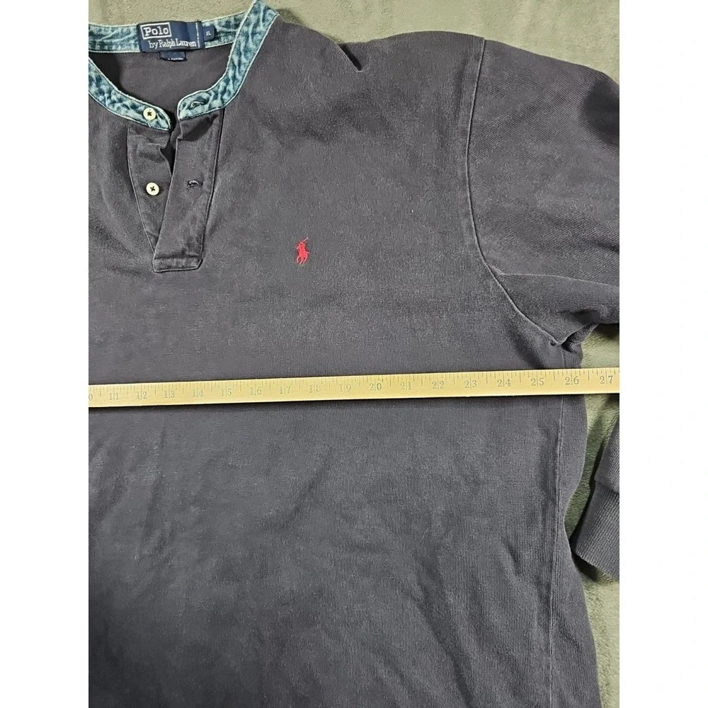 Polo by‎ Ralph Lauren Sweatshirt Denim Collar Navy Blue Red Pony Cotton Vtg
